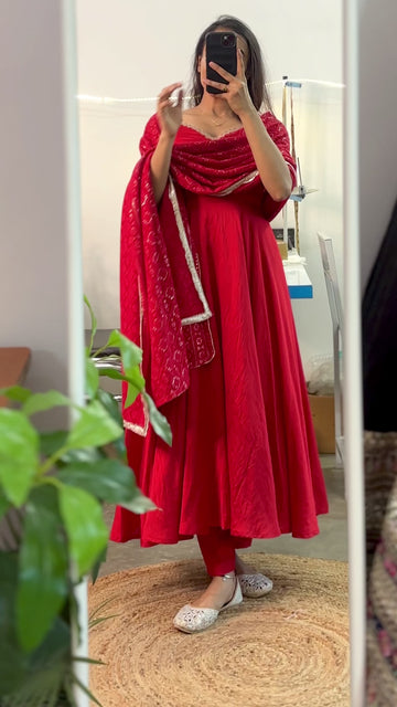 Red Chanderi Anarkali, with heavy embroidered dupatta